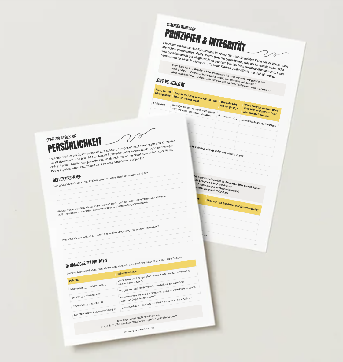 Workbook-Seiten zu Persönlichkeit und Prinzipien